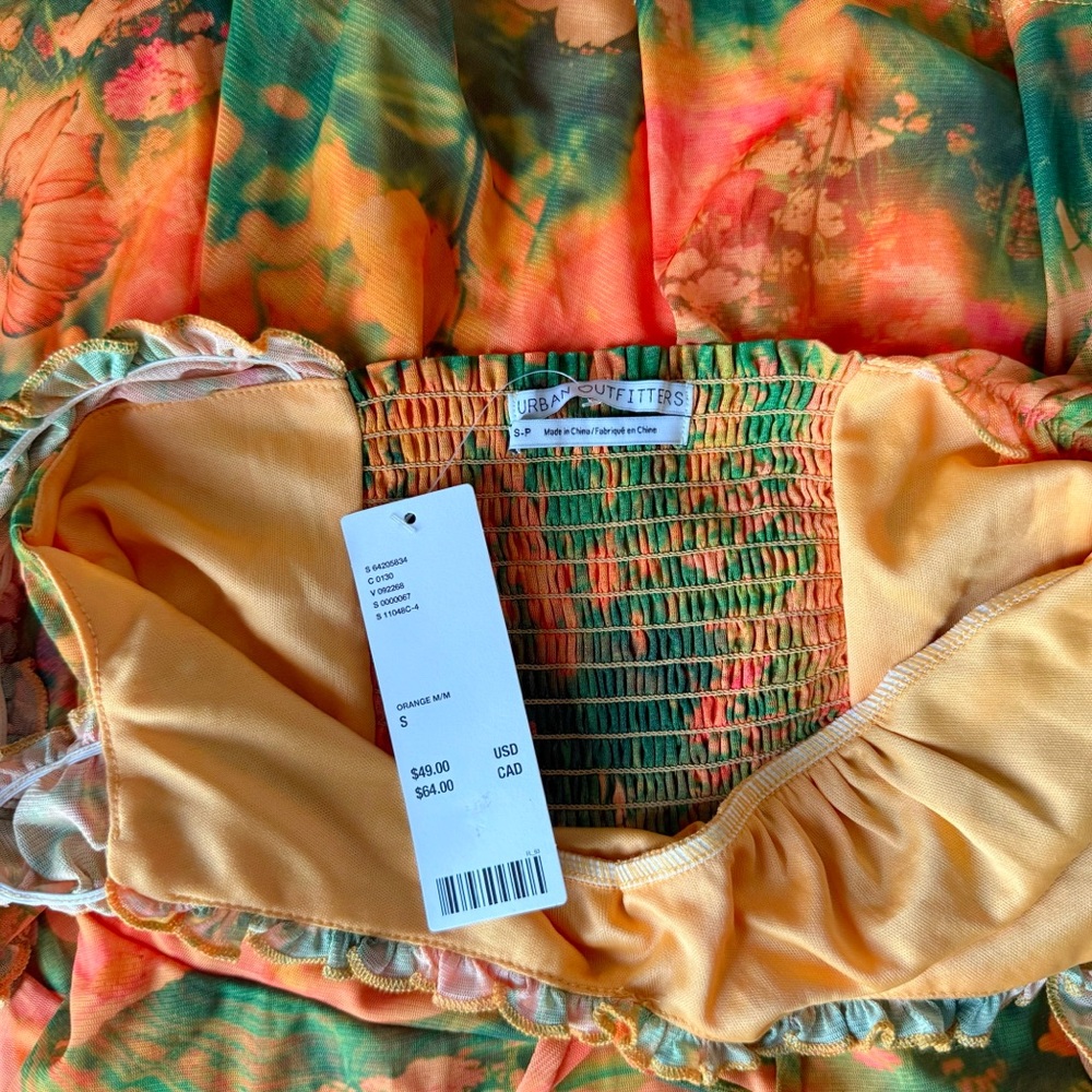 Urban Outfitters Audrey Mesh Mini Dress New Small Orange Green Puff Sleeve Cute - Picture 6 of 8